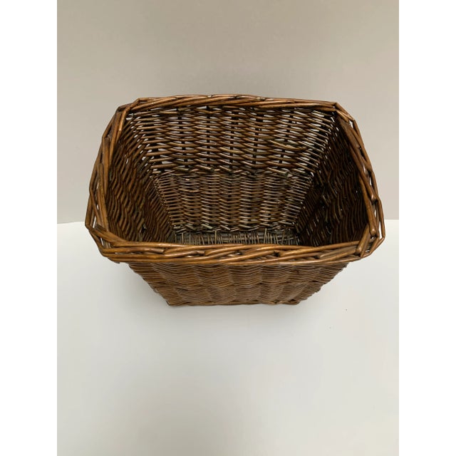 Vintage chocolate brown earthy rustic wood basket for magazines, kindling or as a wastebasket. Natural wood woven decor...