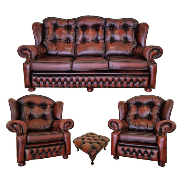 Chesterfield Leather Living Room Set, 1970s, Set of 4 For Sale - Image 18 of 18