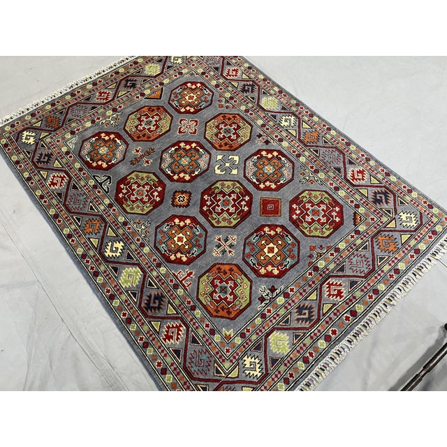 Slate Blue Philpa Bokhara Wool Rug With Elephant Foot Motifs, 4'11" X 6'5" For Sale - Image 4 of 15
