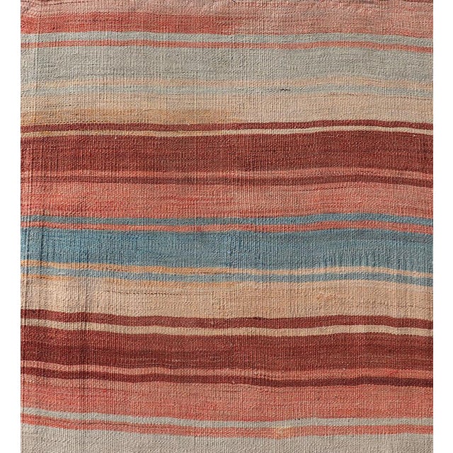 Turkish Vintage Kilim Runner With Rust, Blue and Ivory Striped Design For Sale In Atlanta - Image 6 of 11