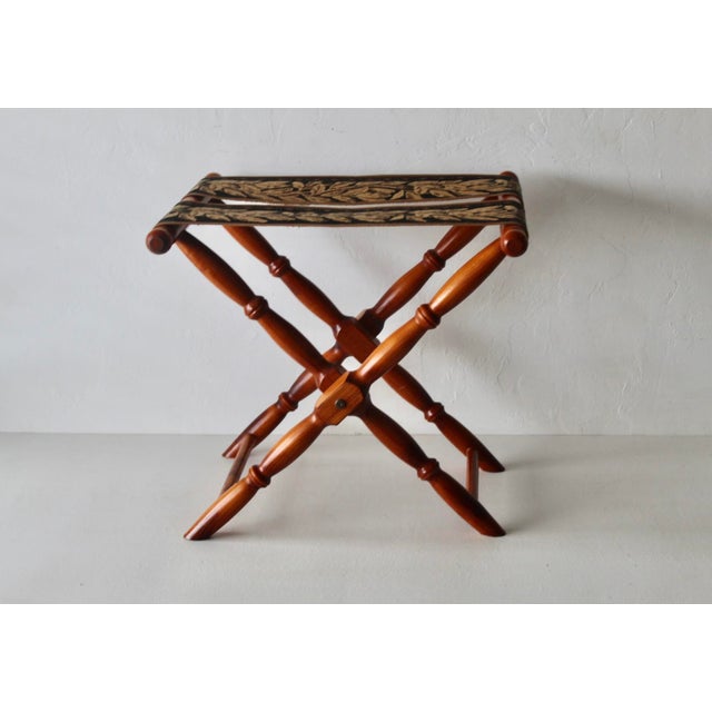 Vintage French Beechwood and Tapestry Folding Luggage Rack Nailhead Detail For Sale - Image 13 of 18
