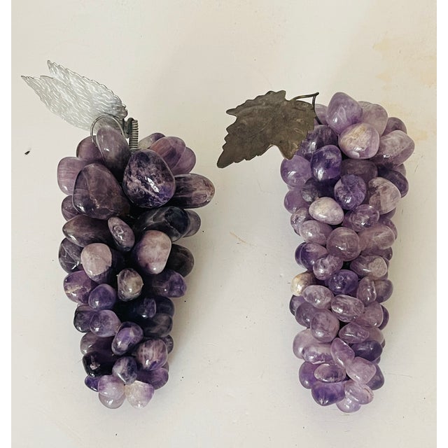 Two antique 8” large 2 lbs polished amethyst grapes clusters with silverplate leaves.