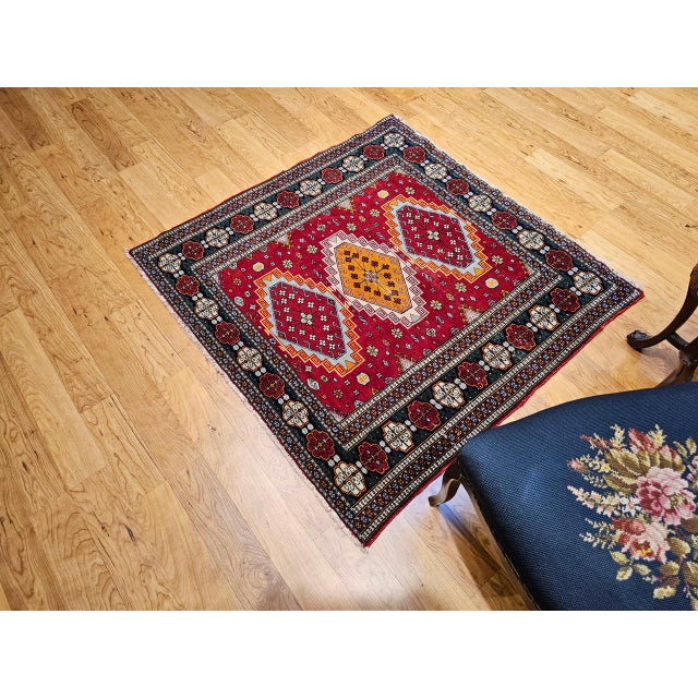 Vintage Persian Tribal Square Rug, Hand-Knotted Wool, Geometric Medallions Pattern, 4x4, Red & Blue For Sale - Image 15 of 15