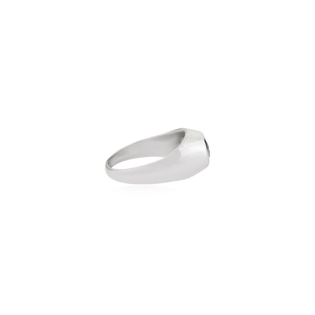 Metal Signet Ring With Blue Sapphire East-West Gypsy Set Gemstone Size 6 For Sale - Image 7 of 12