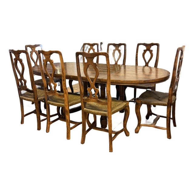 Century Furniture Vintage French Provincial Oak Parquet Extension Dining Table + Chairs, Set For Sale