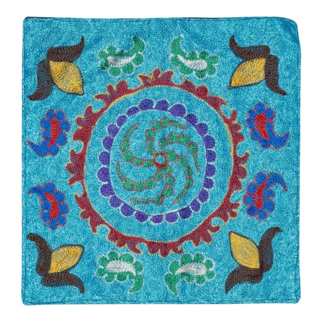 15"x16" Silk Embroidery Cushion Cover. Blue Pillowcase. Modern Lace Pillow For Sale