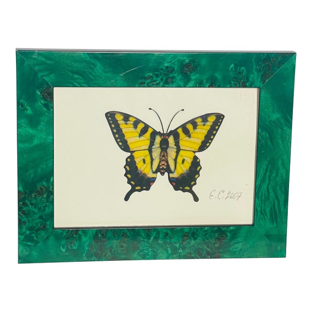 Vintage Butterfly Collage in Faux Malachite English Frame For Sale