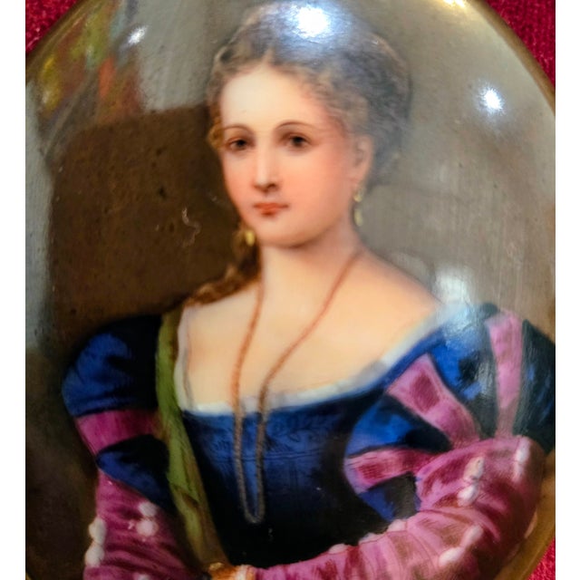 Mid 20th Century Hand-Painted Porcelain Portrait Plaque After Titian’s “La Bella” in Velvet & Gilt Oval Frame With Stand For Sale - Image 4 of 9