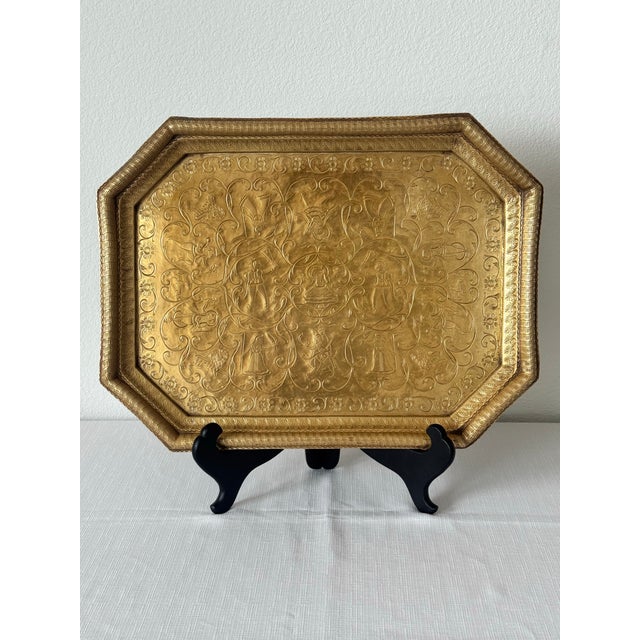 Metal Vintage South India Elongated Octagonal 19.5” Brass Serving Tray With Etched Ethnic, Folklore, Mythological Accents For Sale - Image 7 of 10
