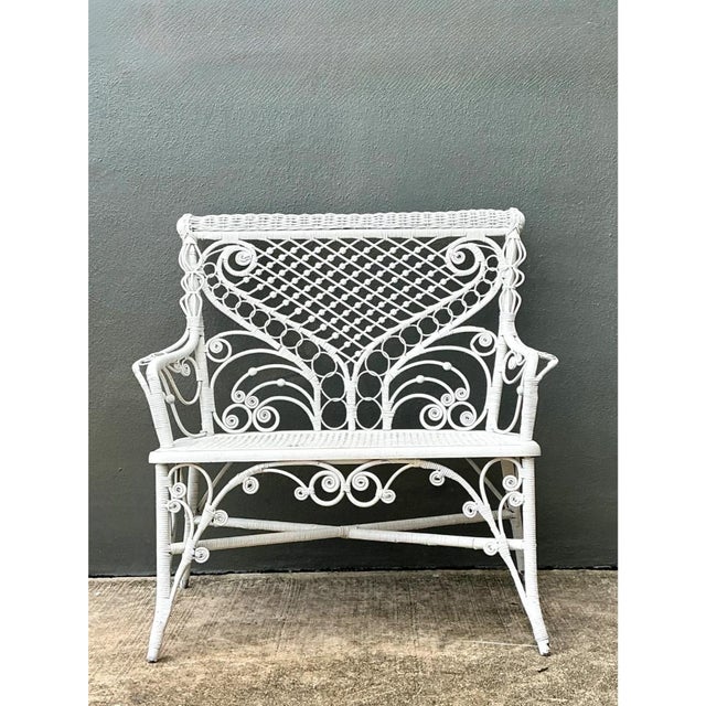 White Vintage White Fiddlehead Rattan Garden Bench For Sale - Image 8 of 12