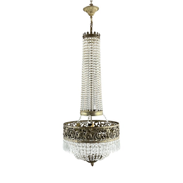 Antique Chandelier in Bronze and Crystal Drops, 1890s For Sale