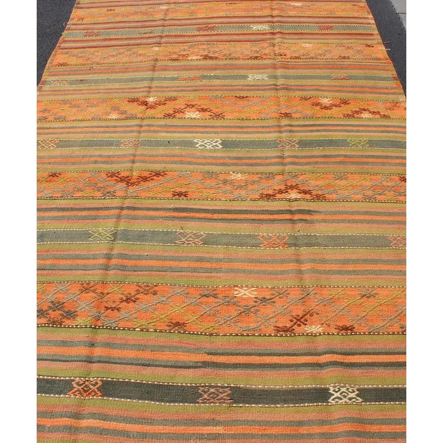 Orange Vintage Turkish Kilim Rug With Geometric Shapes and Colorful Stripes For Sale - Image 8 of 12