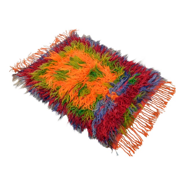 Turkish Hand-Knotted Shaggy Rug Mohair Wool Tulu Rug - 2′9″ × 3′11″ For Sale