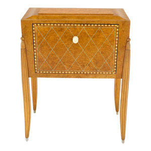 Art Deco Diamond Inlay Drop Front Burl Wood Stand Side Table Fluted Tapered Leg