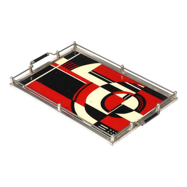 Documented Art Deco Spiral Cubist Eglomise White, Cream & Black Detailed Tray For Sale
