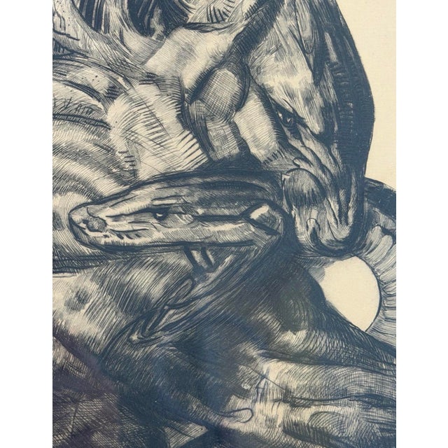 Art Deco Paul Jouve Signed 1930 French Art Deco Etching Lion Python Snake Combat Print For Sale - Image 3 of 14