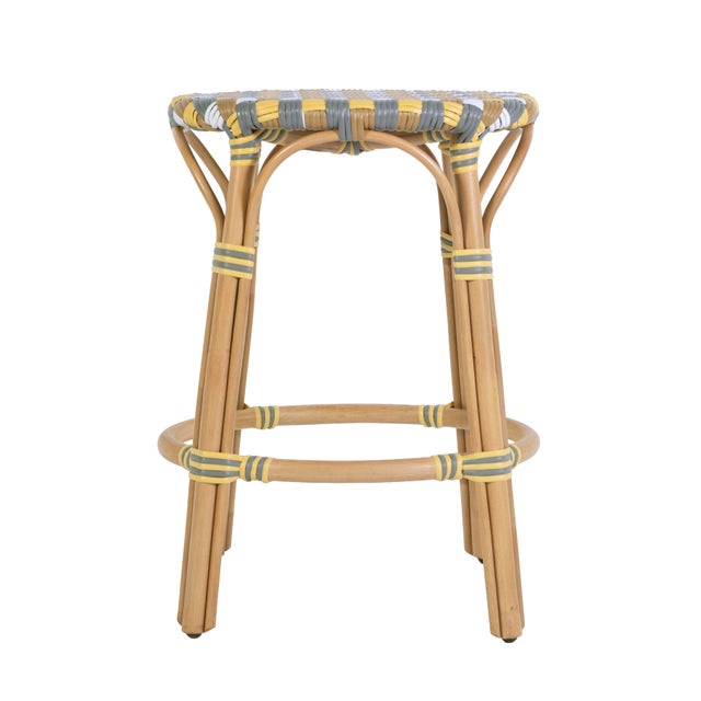 2020s Ballito 24.5 in. Seat Height Oval Rattan Counter Stool with Footrest, French Yellow, Brown, Gray & White For Sale - Image 5 of 8