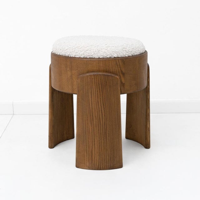 2000 - 2009 Art Deco Ash Wood Stools in White Bouclé, 2000, Set of 2 For Sale - Image 5 of 8