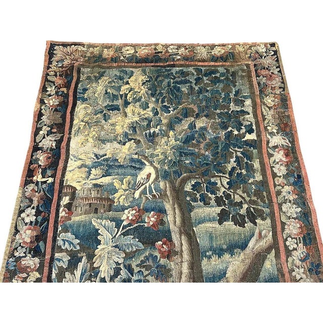 Traditional 18th Century Franco-Flemish Verdure Tapestry With Bird in Flowering Landscape For Sale - Image 3 of 11