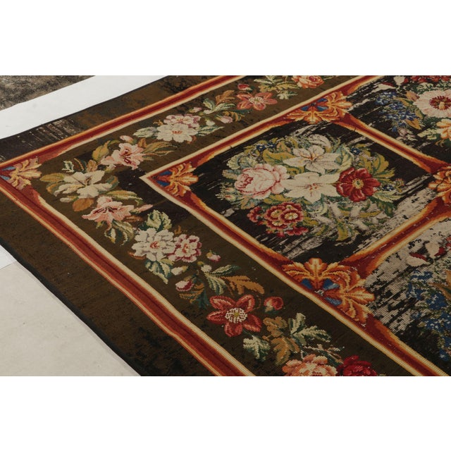 Antique Needlepoint Rug in Brown, Red and Green Floral Pattern For Sale - Image 4 of 9