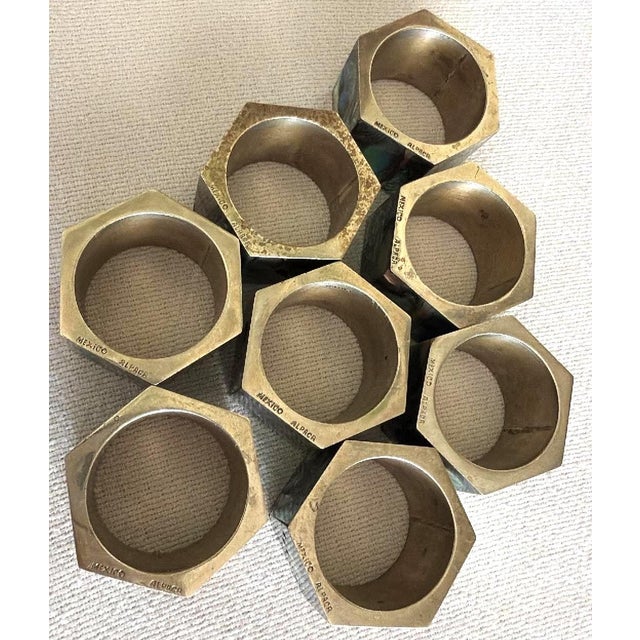 Vintage Mexican Alpaca Abalone Inlay Napkin Rings Set of 8 For Sale - Image 9 of 10