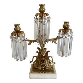 Vintage American Gilt Brass Girandole Candelabra With Marble Plinth and Faceted Crystal Prisms For Sale