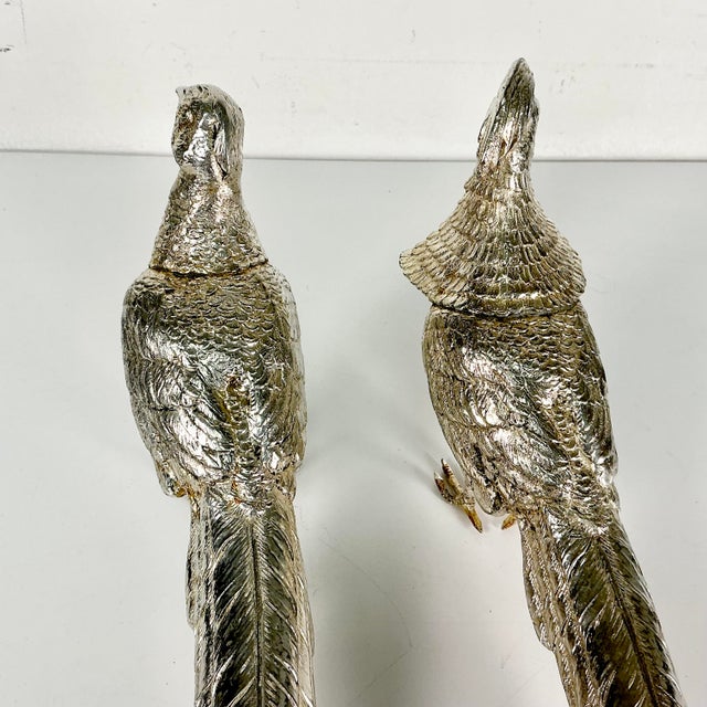 Early 20th C Vintage French Chippendale Hollywood Regency Game Bird Pheasant Silverplate Figurals - An Opposing Pair For Sale - Image 16 of 18