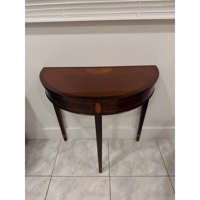 Baker Furniture Company Baker Furniture Mahogany Inlaid Federal Style Demilune Table For Sale - Image 4 of 8