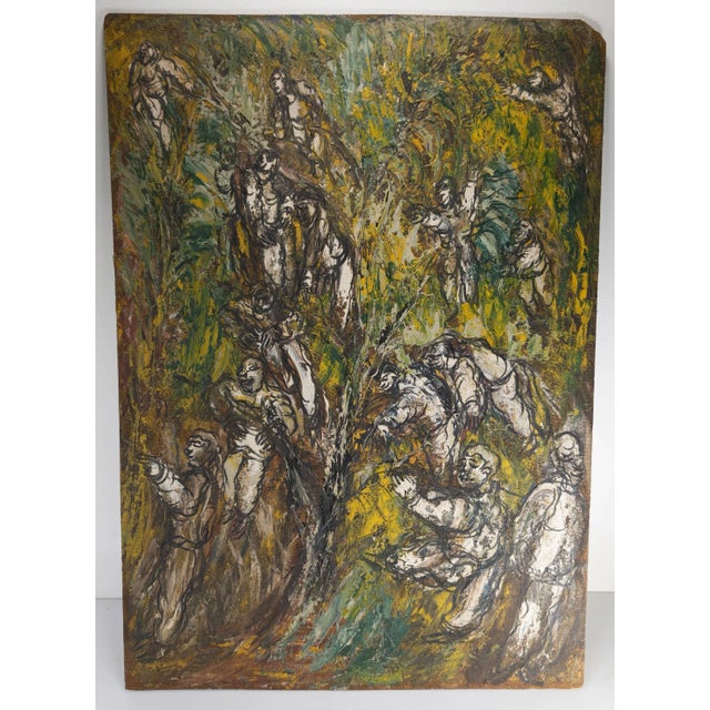 We are selling this strange Mid-Century Modernist painting. This abstract expressionist has general green palette with...