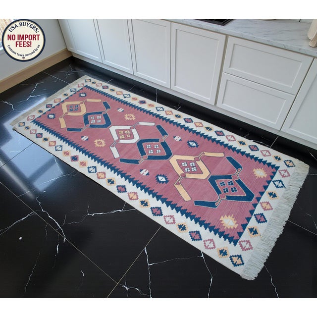 3x7 Pink Navy Silk Kilim, Modern Turkish Flatweave Runner, Handwoven Entryway Corridor Rug, Geometric Tribal Runner For Sale - Image 10 of 18