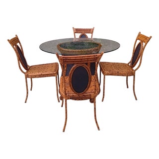 1970s Burnt Bamboo Tortoise Wicker Rattan Cane Dining Room Chair Glass Top Table Set of 5 For Sale
