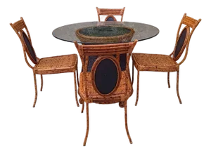 1970s Burnt Bamboo Tortoise Wicker Rattan Cane Dining Room Chair Glass Top Table Set of 5