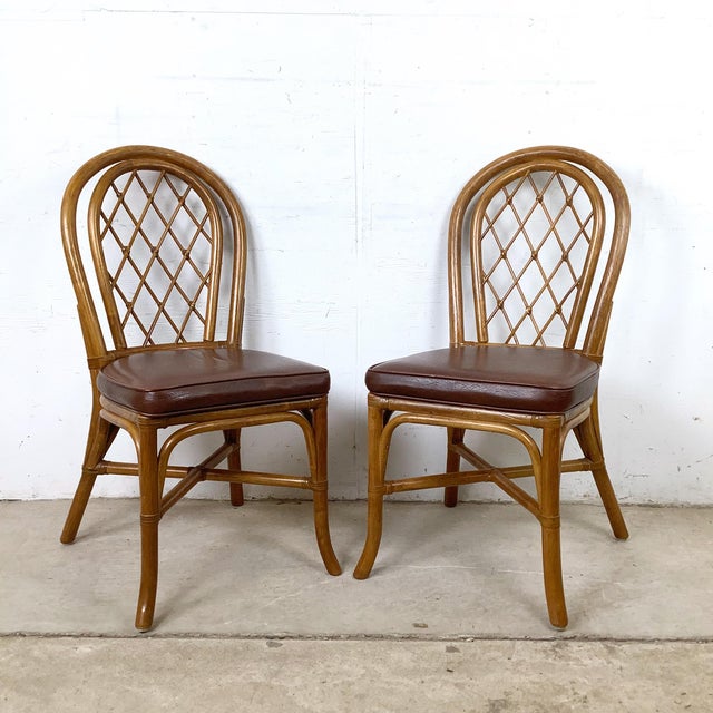 Coastal Set of Four Vintage Rattan Dining Chairs , Diamond Lattice Hoop Backs For Sale - Image 3 of 12