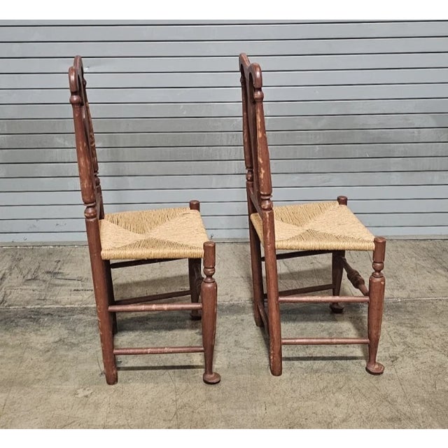 Textile Mid 20th Century Set of 6 Primitive Red Painted Queen Anne Style Dining Chairs With Rush Seats For Sale - Image 7 of 10