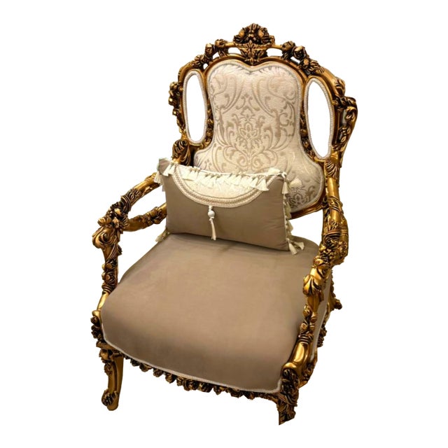 French Louis XV Accent Armchair – Light Brown Velvet Damask Upholstery With Gilded Gold Leaf Frame For Sale