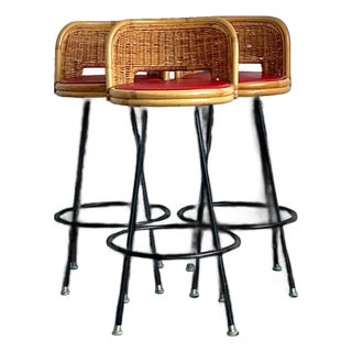 Vintage Rattan and Metal Bar Stools - Set of 3 For Sale