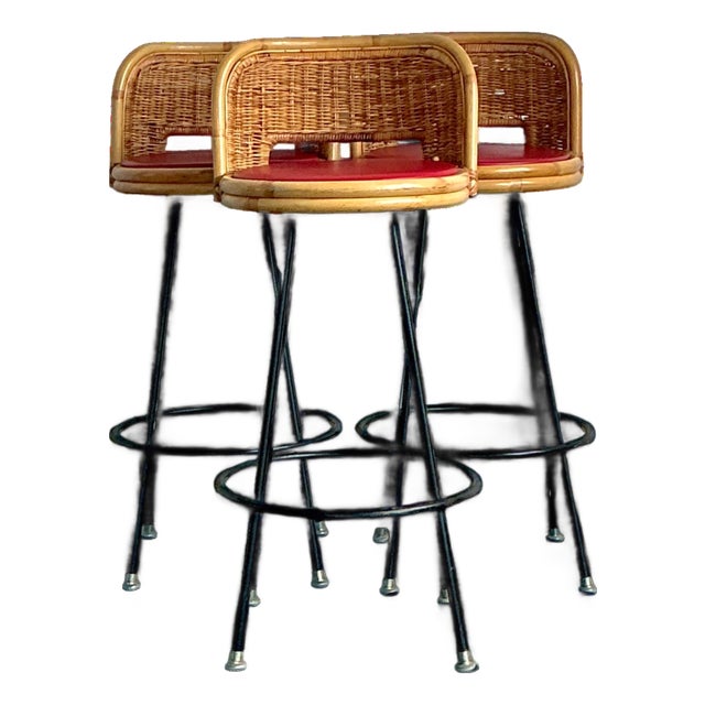 Vintage Rattan and Metal Bar Stools - Set of 3 For Sale
