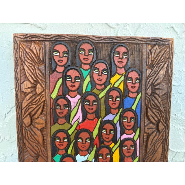 1987 Chilean Hand-Carved & Painted Folk Art Religious Wall Panel Signed F. Andrade For Sale - Image 4 of 11