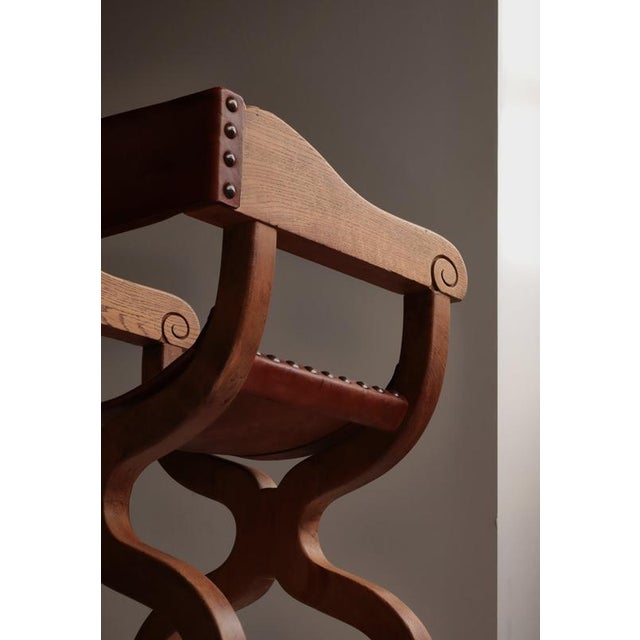 Danish Art Nouveau Cabinetmaker Armchair in Oak and Saddle Leather, 1920s For Sale - Image 3 of 17