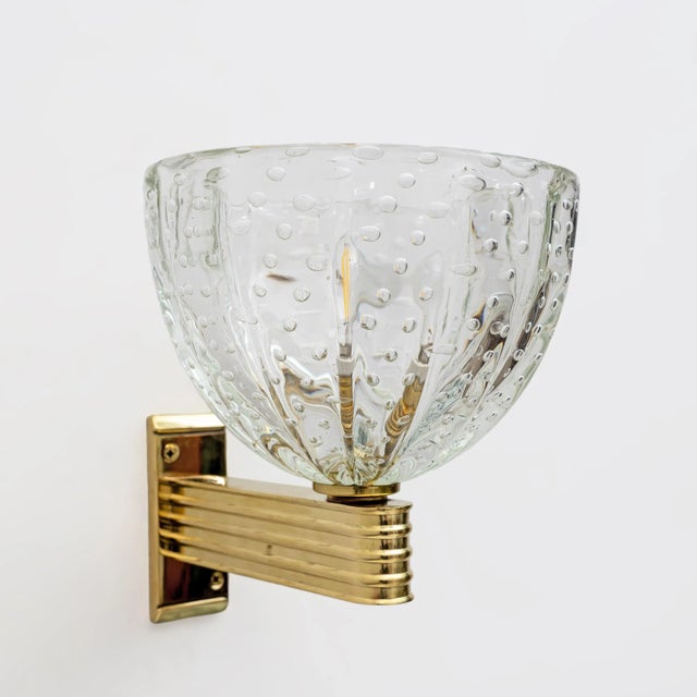 Art Deco Brass and Pelugoso Murano Glass Sconces from Seguso Vetri Darte, 1940, Set of 2 For Sale - Image 4 of 8
