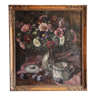 1920 Belgian Still Life Oil on Canvas Painting, Dark Florals For Sale