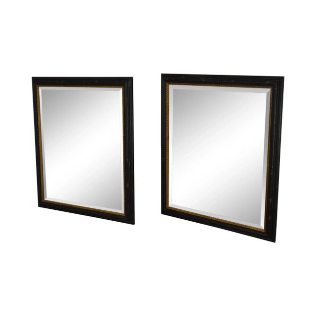 Regency Style Distressed Black & Gold Frame Rectangular Beveled Mirrors - a Pair For Sale - Image 13 of 13