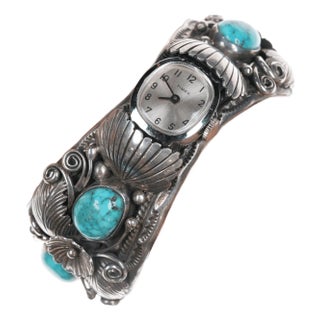 6.5" Morty Johnson Navajo sterling and nice turquoise watch cuff bracelet For Sale