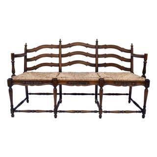 Vintage French Provincial Style Ladder Back Bench Rush Seat For Sale
