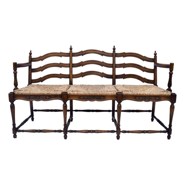 Vintage French Provincial Style Ladder Back Bench Rush Seat For Sale