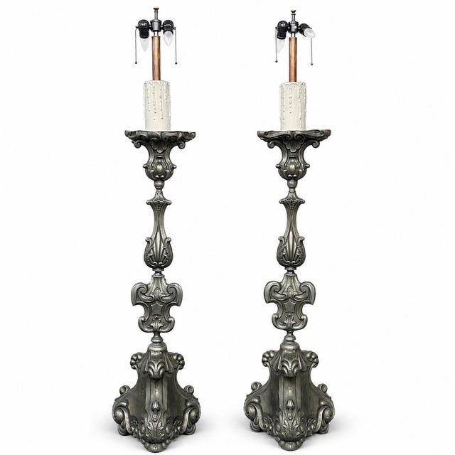 Baroque Pair Antique Solid Pewter Baroque Style Candlestick Floor Lamps For Sale - Image 3 of 12