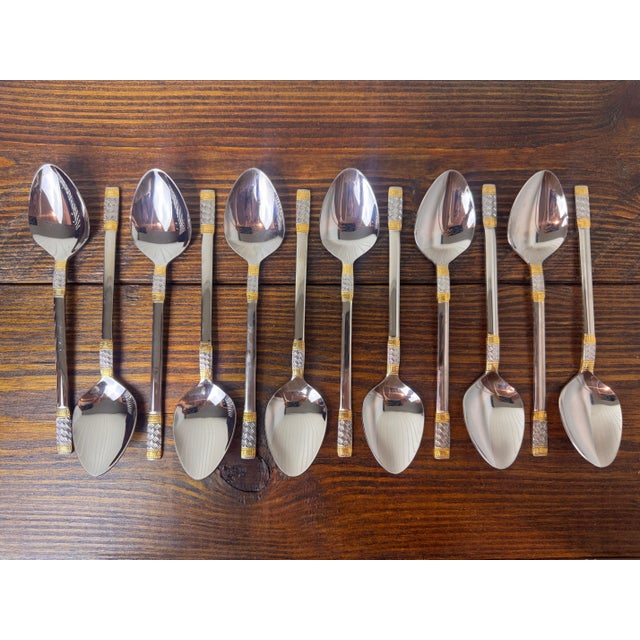 1990s Wallace Golden Corsica Gold Accent 18/10 Stainless Steel Flatware Set for 12, 64 Piece For Sale In Miami - Image 6 of 16