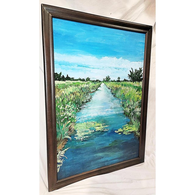 Florida impressionism in this acrylic on canvas painting of a typical Florida canal by Florida artist, reminiscent of the...