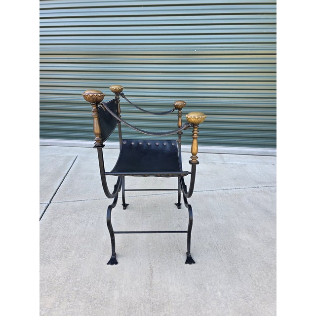 Vintage Italian Curule Savonarola Armchair in Black Leather Brass & Iron For Sale - Image 13 of 17