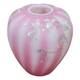 1992 Fenton Rosalene Pink Twining Floral Satin Glass Melon Vase Urn 7" For Sale